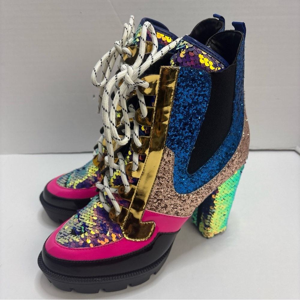 Cape Ribbon Nell Women’s 10 Boots Sparkly Sequins Chelsea Platform Lace Up Ankle